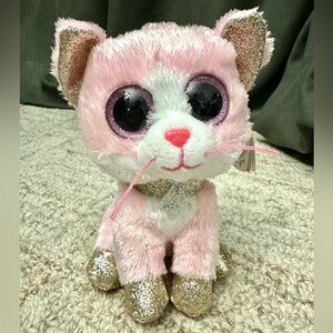 NWT Ty 6" Fiona Cat Beanie Boo Plush Glitter Eyes Pink Cat Pink Collectible Gold